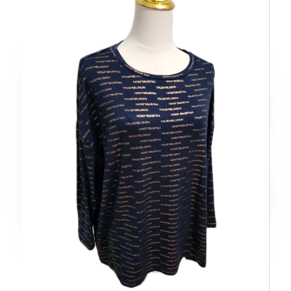 True Religion Sleepwear Top Gold Logo Print Blue Cozy Long Sleeve Size M